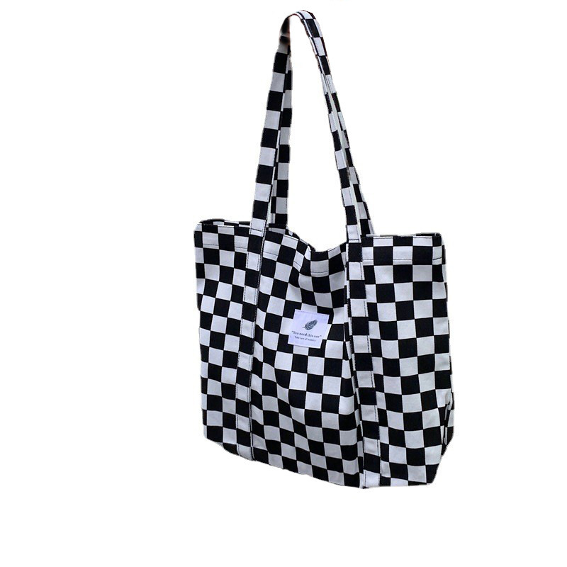 18304 Korean chic style large-capacity canvas bag, simple student single-shoulder bag, contrasting color checkerboard leopard print women's bag Item Picture