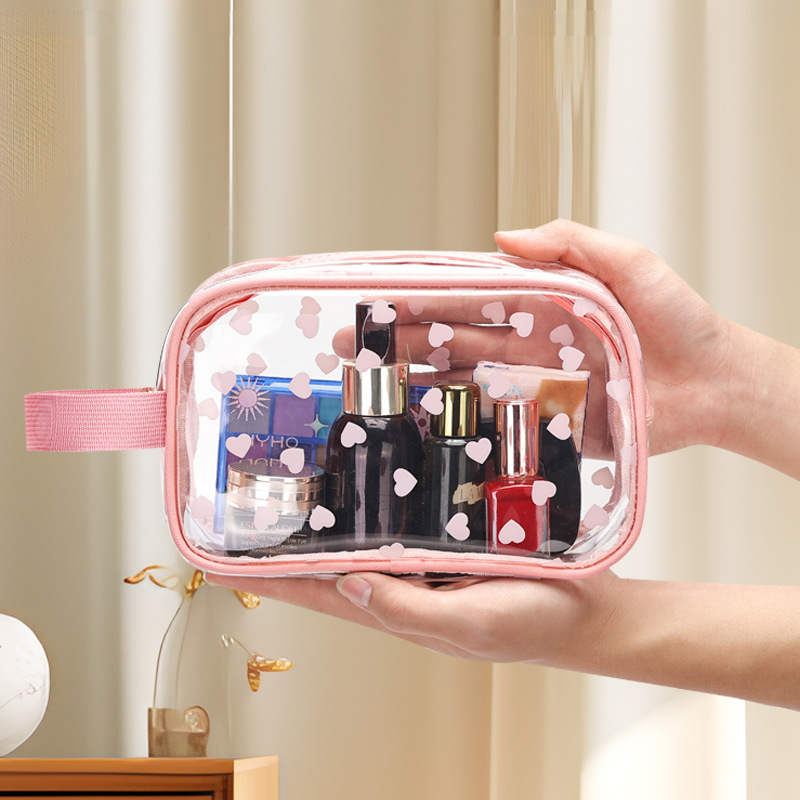 New Japanese and Korean girl mesh transparent heart-shaped makeup bag, toiletry bag, makeup brush storage bag, pen case cross-border manufacturer details Picture