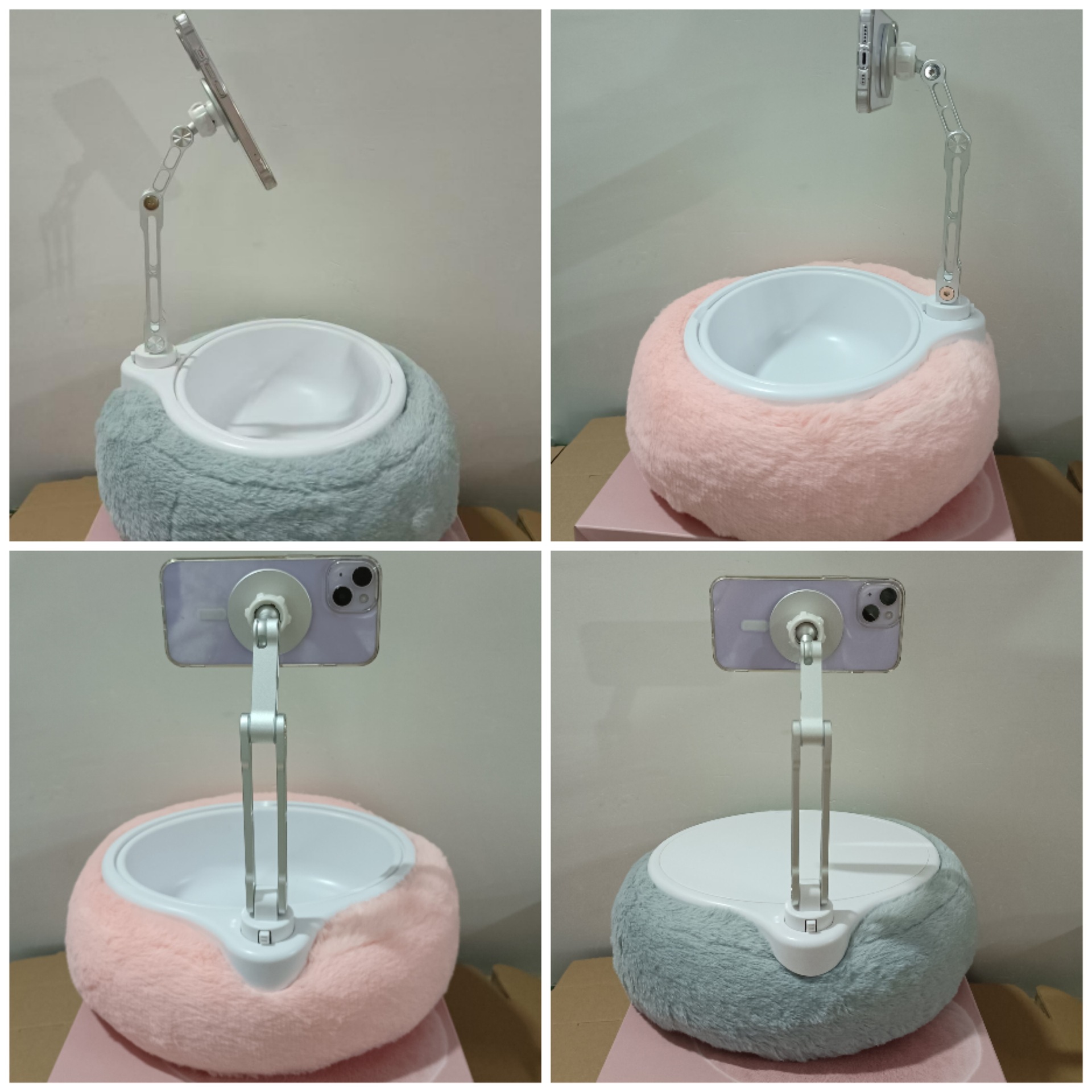 Plush pillow stand, single bowl phone stand, 360° rotating metal folding desktop tablet stand, lazy person Application Scenario