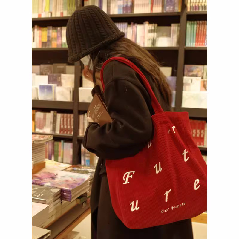 How have you been? New red corduroy retro single-shoulder bag for women, versatile, large-capacity embroidered simple tote bag for women details Picture
