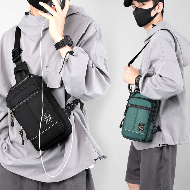 Factory direct sales of new men's chest bags, multi-functional crossbody bags, trendy single-shoulder bags, large-capacity USB interface chest bags details Picture
