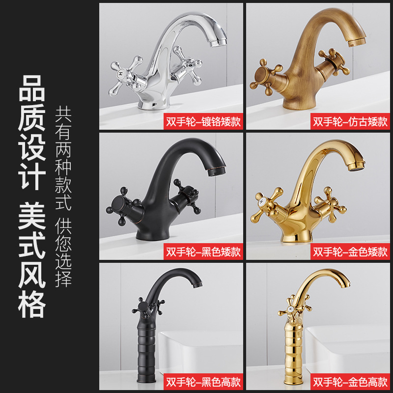European-style all-copper gold faucet, antique washbasin faucet, bathroom hand washing, hot and cold washbasin, retro countertop, household Application Scenario