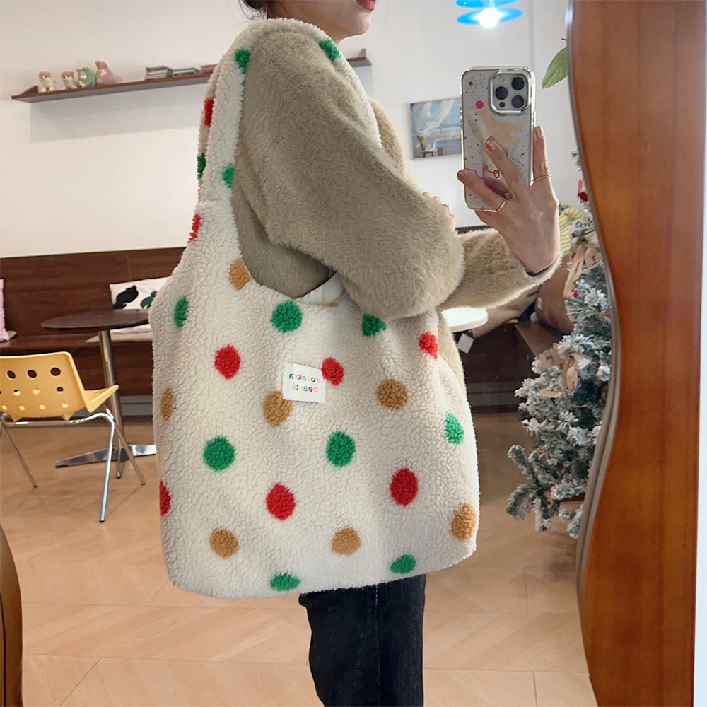 311201 ins College Style Autumn and Winter Edition Fluffy single-shoulder bag for girls, cute colorful polka dot large capacity vest bag full figure