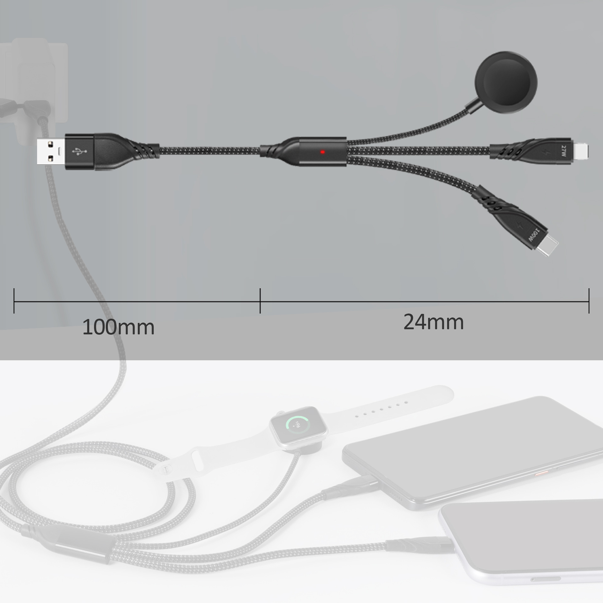 The TYPE-C100W two-to-three data cable is compatible with fast charging for Apple iphone15 and wireless charging for iwatch with 5A Application Scenario