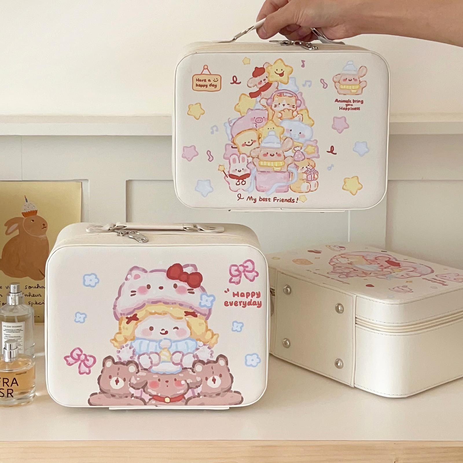 This cartoon makeup box is a portable, three-dimensional, large-capacity device with a mirror. It is a must-have cosmetic storage tool for travel full figure