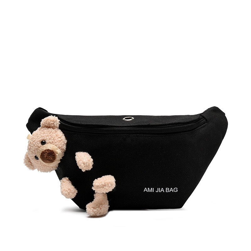 A versatile mini new red cute bear casual cartoon canvas chest bag, single-shoulder bag, and a stylish little girl bag for female students Item Picture
