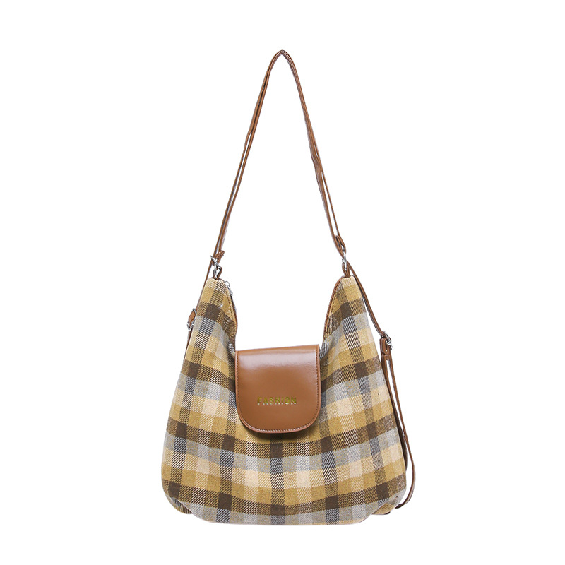 Winter color-blocking checkered texture single-shoulder crossbody bag, large-capacity college-style commuting backpack, fashionable crossbody bag Item Picture