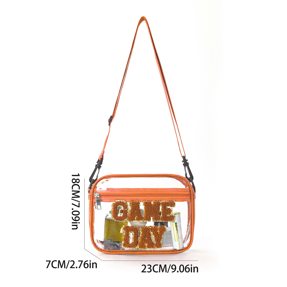 Cross-border embroidered letter crossbody bag, transparent PVC single-shoulder small square bag, travel portable cosmetics and toiletries storage bag Application Scenario