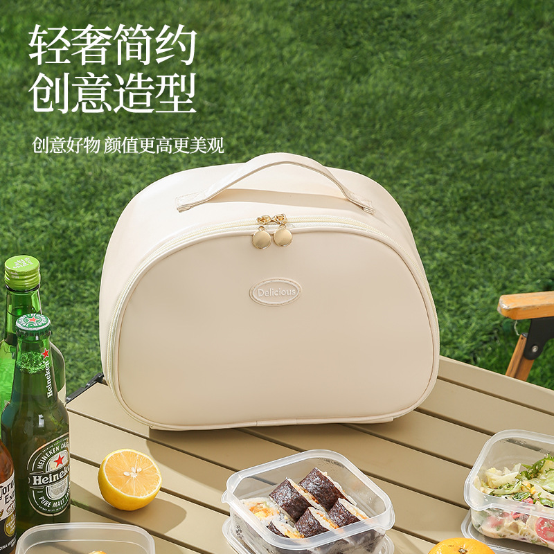 New PU semi-circular bento bag, thickened aluminum foil student insulated bag, office worker meal bag with rice, hand-held lunch box bag details Picture