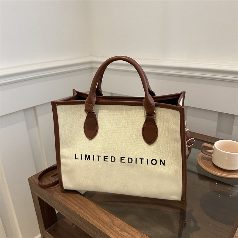 Women's large-capacity tote bag, 2024 new trendy crossbody bag, color-blocking canvas bag, letter-printed handbag details Picture