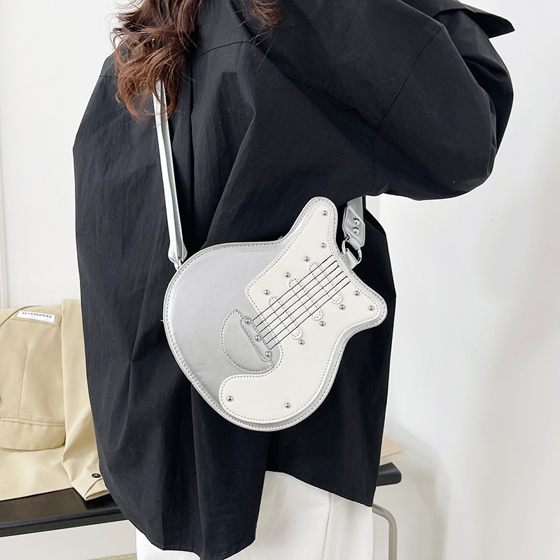 Cross-border 2025 Women's Bag, European and American single-shoulder bag, guitar-shaped rivet women's bag, personalized color-blocking crossbody bag Specification drawing