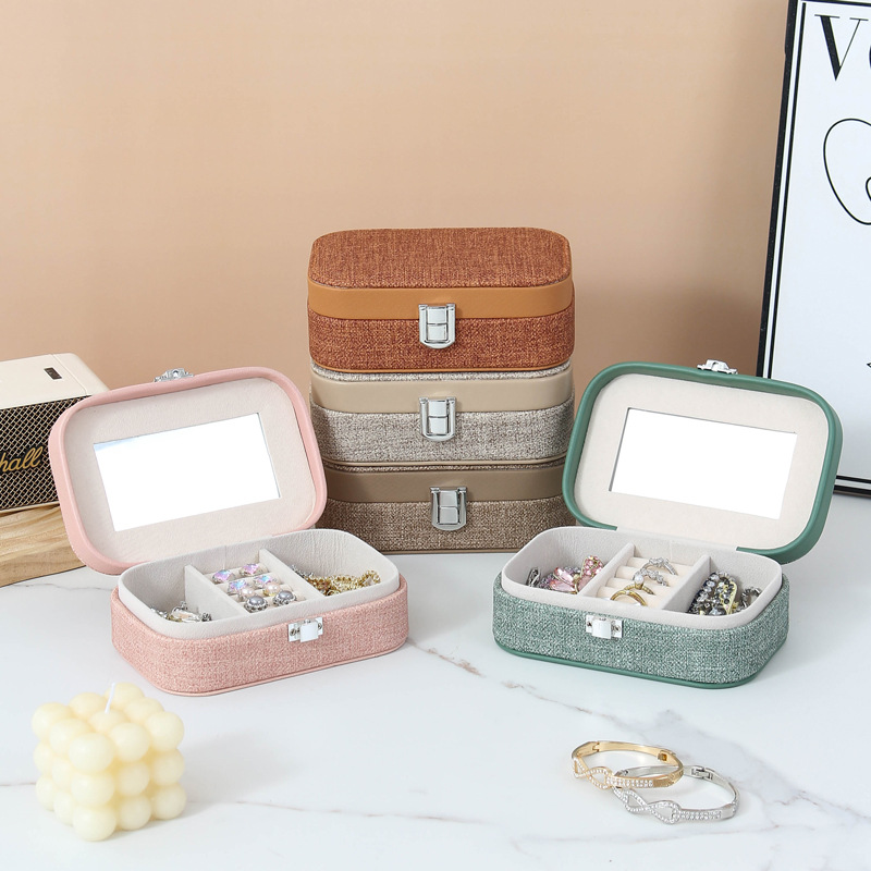 Hand-held semi-circular portable jewelry storage box, double-layer locked ring, fabric pattern jewelry box, simple makeup storage, cross-border Application Scenario