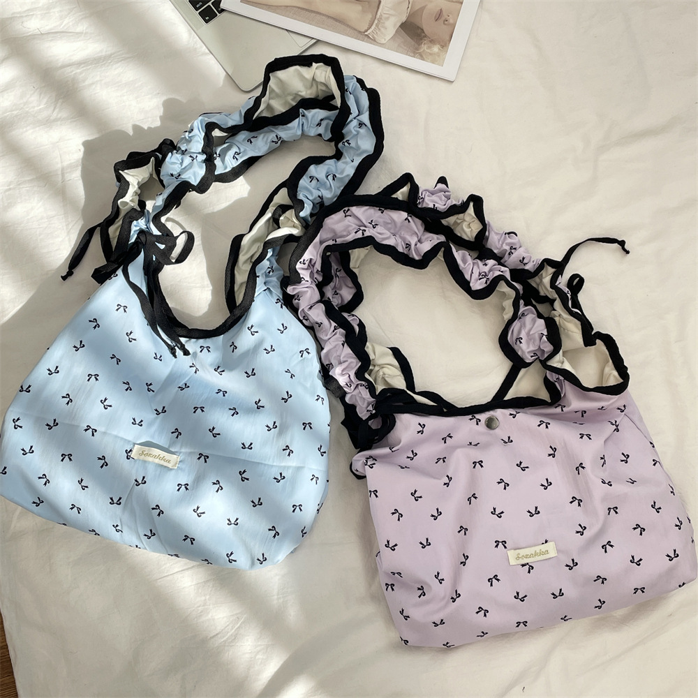 53224 Taro purple bow pleated shoulder strap ethereal single-shoulder crossbody tote bag for women, large capacity canvas bag Specification drawing
