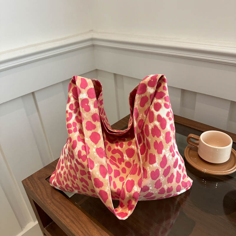 Leopard print canvas bag for women, 2024 new style, trendy Korean college style tote bag, casual large-capacity hand-held shoulder bag full figure