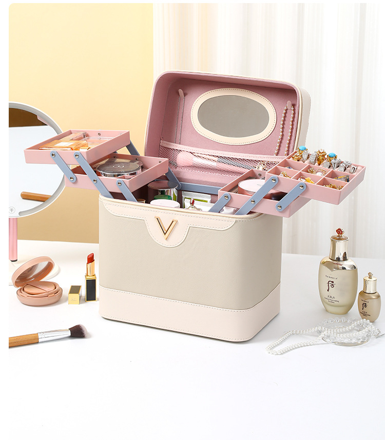 New PU large-capacity makeup bag, women's portable cosmetics and jewelry storage bag, multi-functional and simple hand-held makeup box details Picture