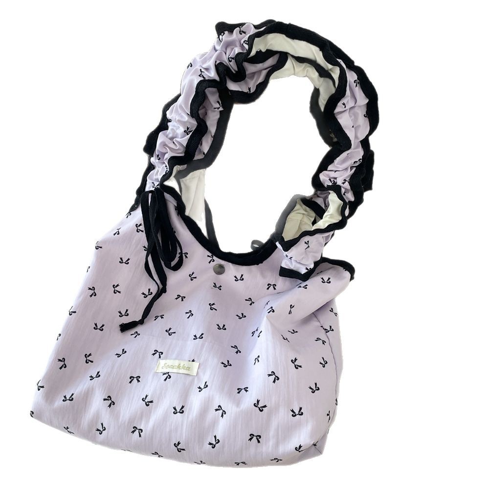 53224 Taro purple bow pleated shoulder strap ethereal single-shoulder crossbody tote bag for women, large capacity canvas bag Item Picture