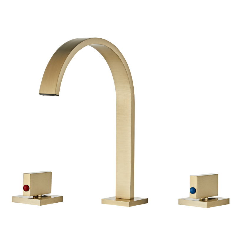 Light luxury all-copper brushed gold three-hole faucet, hot and cold face wash basin, bath cabinet faucet, washbasin, waterfall faucet Item Picture
