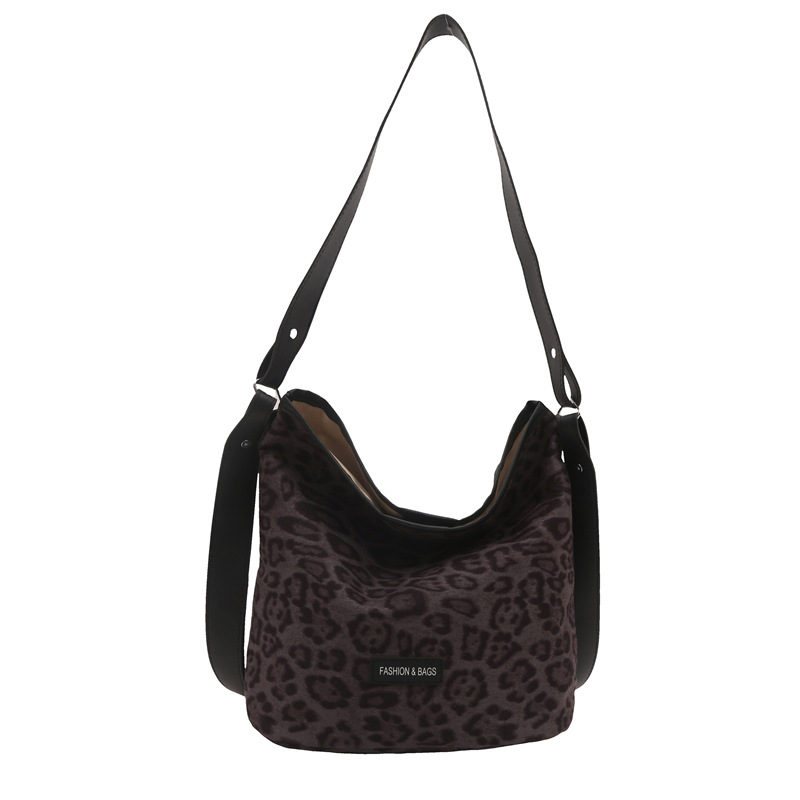 Cross-border suede fleece leopard print bag for women, 2024 new Korean niche bucket bag, retro single-shoulder crossbody bag Item Picture