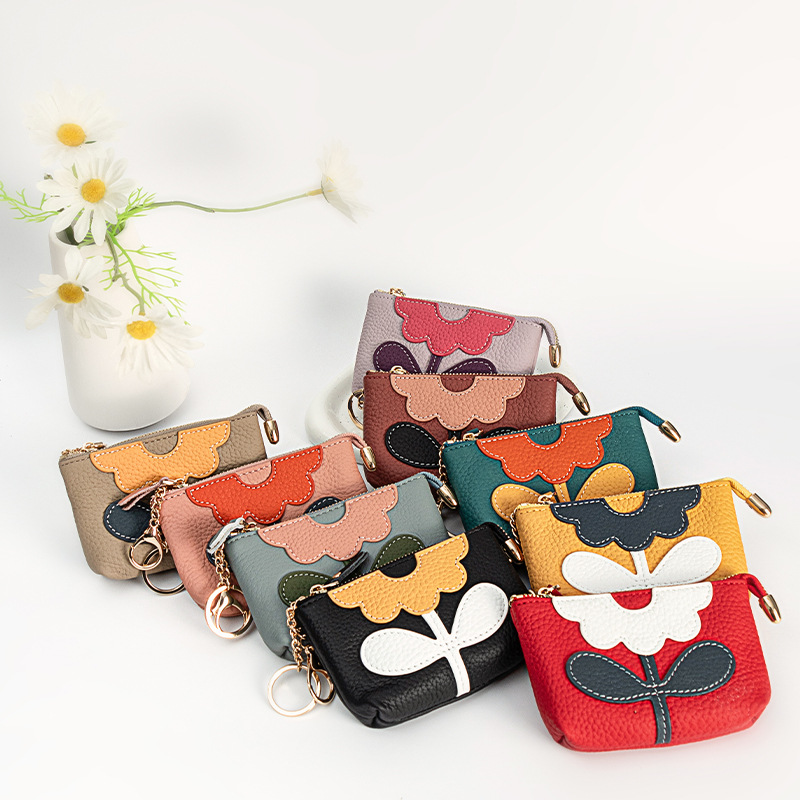 Japanese and Korean creative coin purse coin bag, top layer cowhide keychain card case, genuine leather mini flower color-blocking red envelope full figure