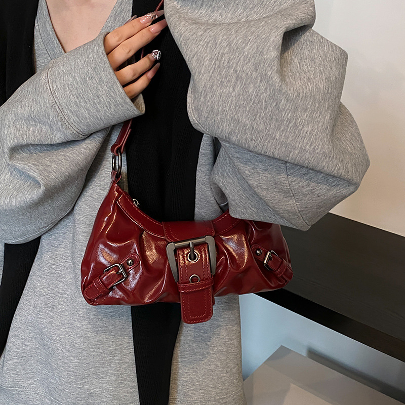 Cross-border niche retro pleated underarm bag for women, new motorcycle and hot girl style belt buckle single-shoulder crossbody bag Specification drawing
