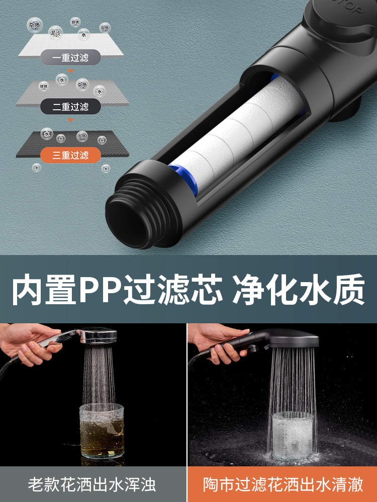 Large water spray five-speed multi-functional pressurized shower head, matte black large handheld showerhead set details Picture