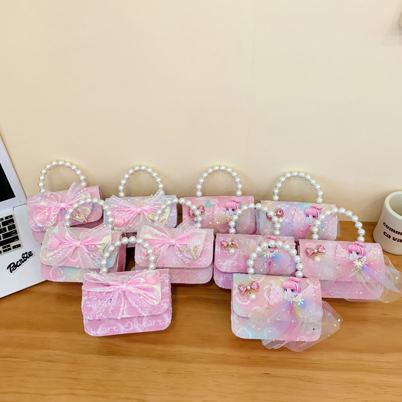 New children's bag, little girl bow pearl single-shoulder crossbody handbag, stylish princess mini coin purse full figure
