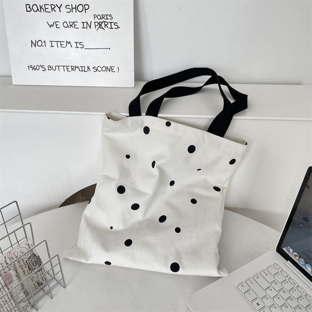 55271 Printed polka dot canvas bag, large-capacity single-shoulder bag, simple student schoolbag, open canvas bag Specification drawing