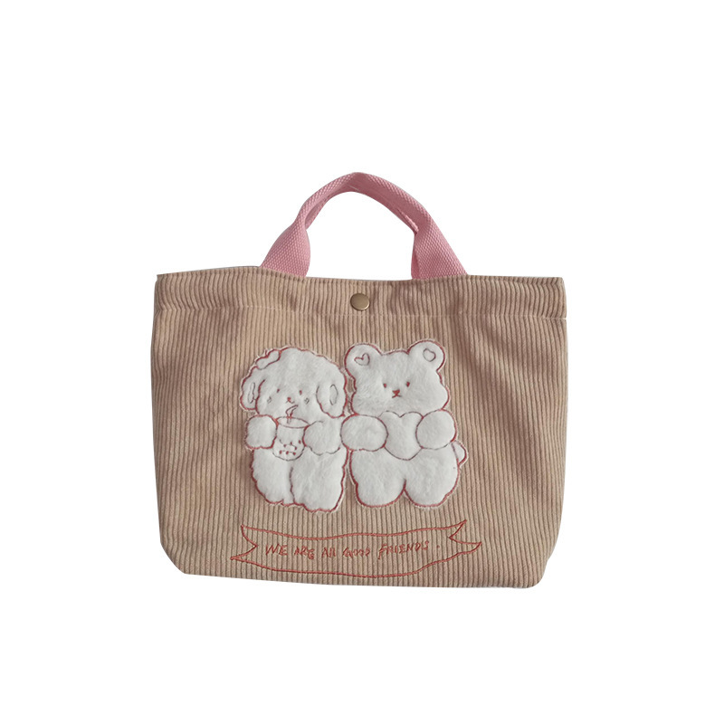 1991 Cute cartoon embroidered hand-held canvas bag, corduroy tote bag, student mommy commuting lunch bag wholesale Item Picture