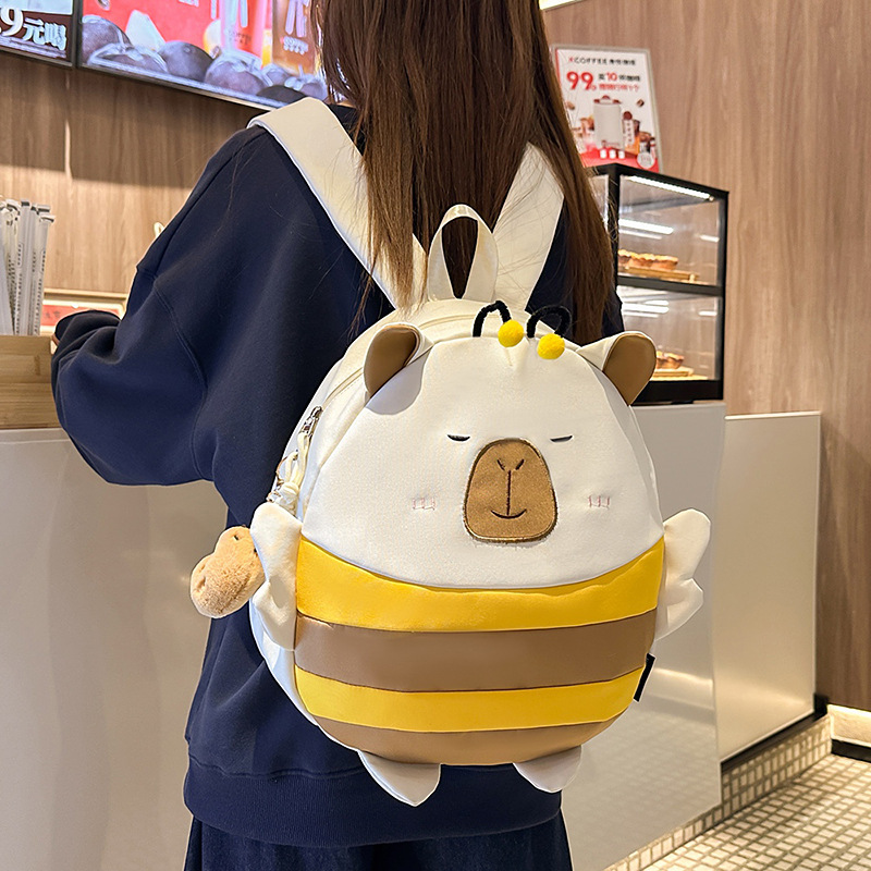 Cute little bee Capibara schoolbag, girl's soft-hearted daily backpack, cartoon water guinea pig student backpack details Picture