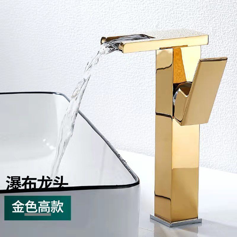 Black and gold faucet, bathroom cabinet, hand washing basin, waterfall, cold and hot LED temperature sensing, color change and light emission undefined
