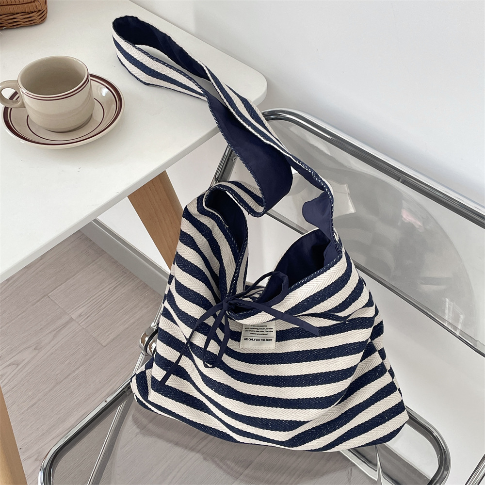 53221 Casual striped canvas bag for women, 2025 New large-capacity commuter tote bag, double-sided shoulder, single-shoulder crossbody Specification drawing