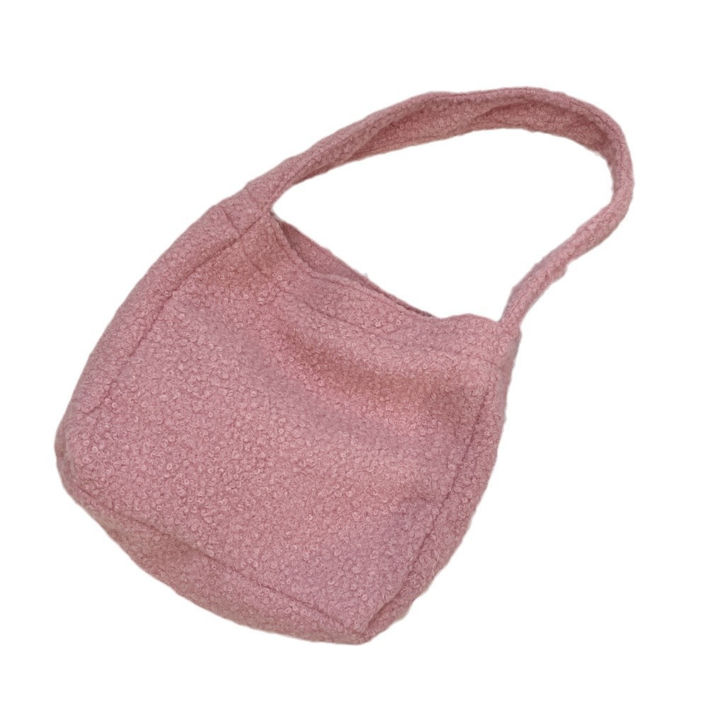 411161 Autumn and Winter new ins style single-shoulder bag, solid color circle fleece tote bag, wine red commuter bag for female students Item Picture