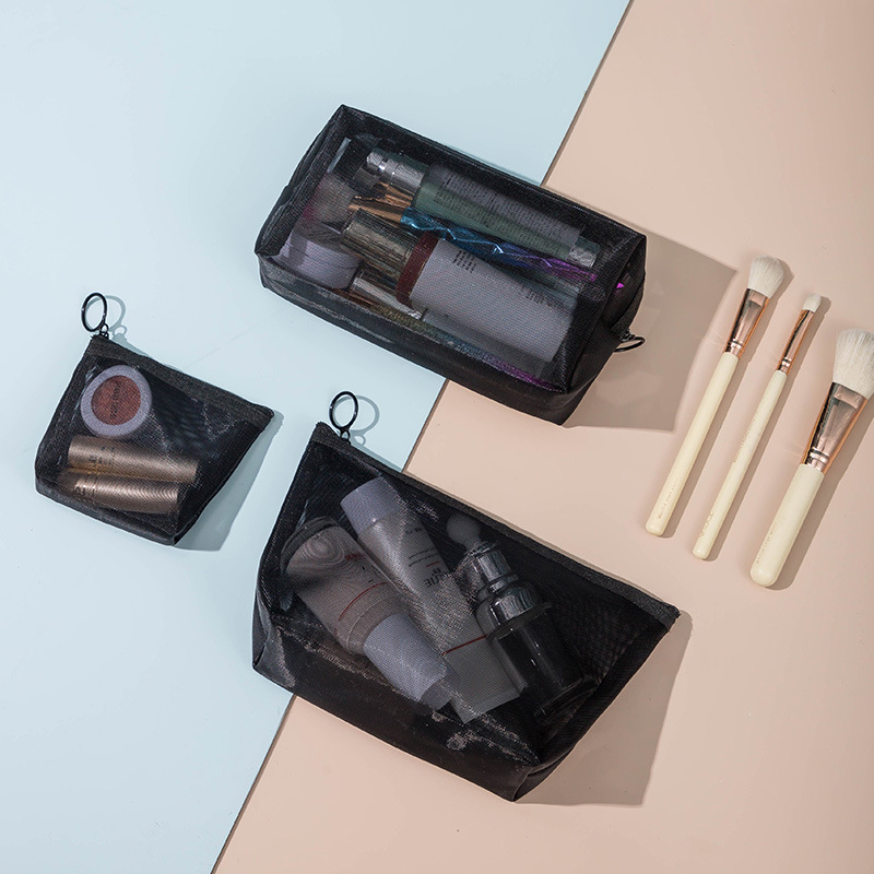 Three-piece set of mesh makeup and toiletry bag, portable and fashionable mesh red envelope, visible and breathable hand-held bag details Picture