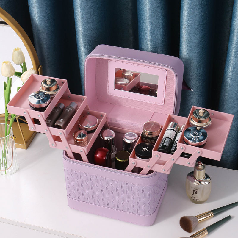 Wholesale of multi-layer cosmetic boxes, portable travel large-capacity cosmetic bags, simple hand-carry cosmetic storage boxes with mirrors full figure