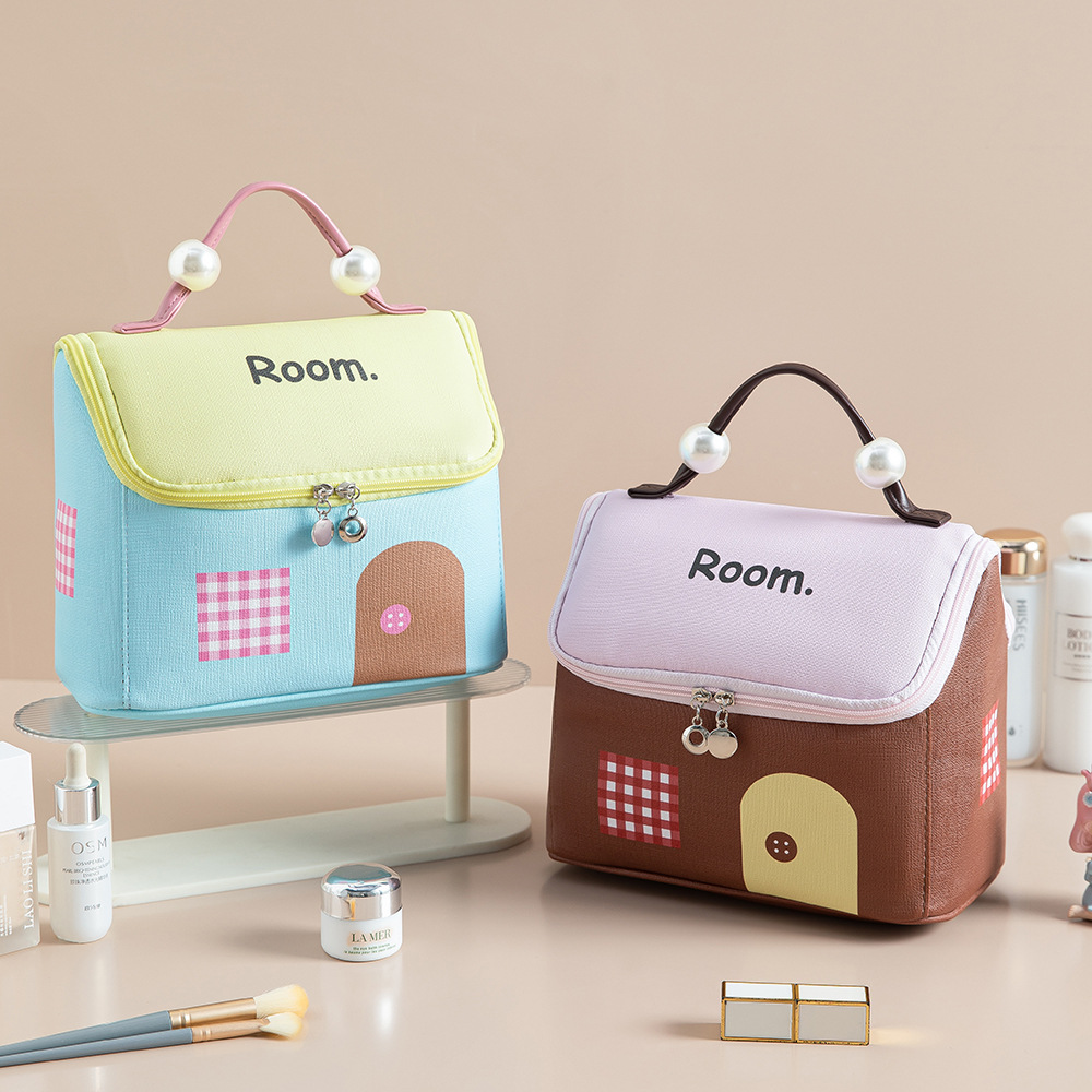Popular PU leather makeup bag, fun house storage bag, travel large-capacity toiletry bag, large-opening small house storage bag details Picture