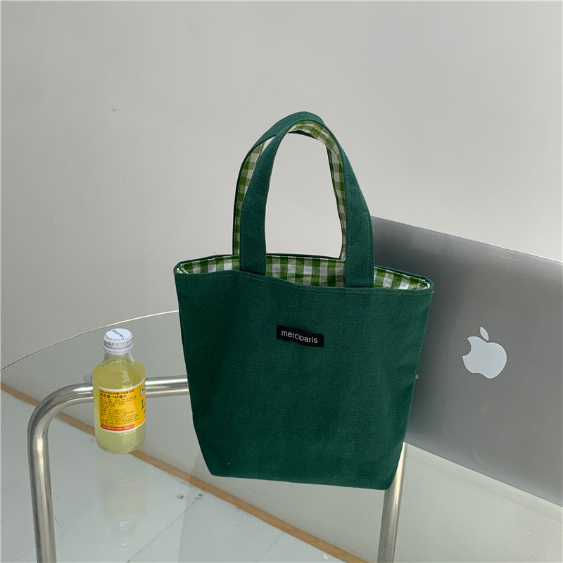 17163 Fresh Double-sided checkered Bag, dual-purpose Canvas Bag, Handbag, female student Mommy Hand-held Bento Bag wholesale Item Picture