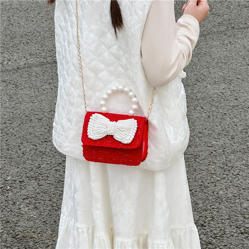 New autumn and winter children's princess bag, red small square bag, girls' chain single-shoulder crossbody bag, pearl hand-held coin purse Specification drawing