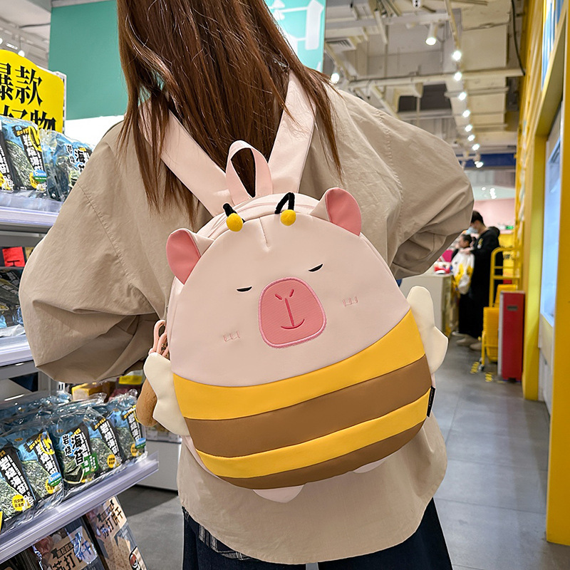 Cute little bee Capibara schoolbag, girl's soft-hearted daily backpack, cartoon water guinea pig student backpack full figure