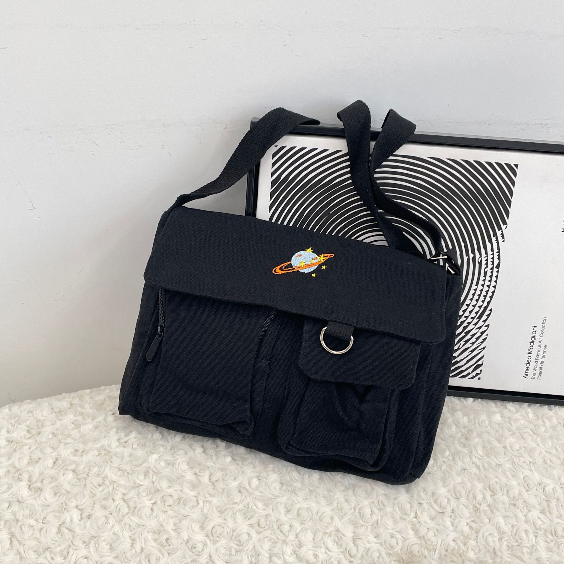 99233 Korean-style simple solid color cartoon pattern multi-pocket bag, single-shoulder canvas bag, commuting crossbody bag for work full figure