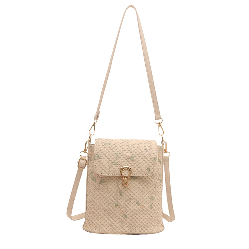 Flower lace single-shoulder crossbody bag, woven women's saddle bag, new summer straw woven bag, fresh and versatile bucket Item Picture