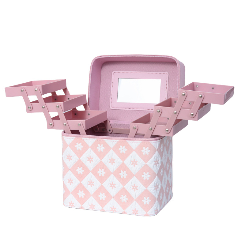 Ins-style makeup bag, large-capacity portable travel cosmetics storage bag, hand-held with mirror, square makeup box Item Picture