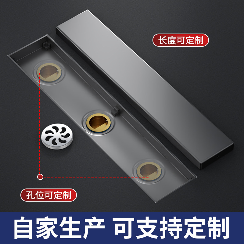 Invisible stainless steel floor drain, thickened anti-odor, all-copper core, large-capacity shower, hotel gun gray, lengthened rectangular style details Picture