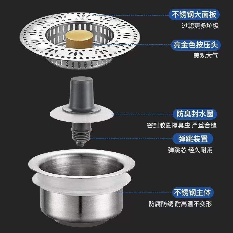 Stainless steel kitchen sink, spring core, leak-proof plug, filter screen, drain, laundry sink, vegetable washing basin, basket, cross-border Specification drawing