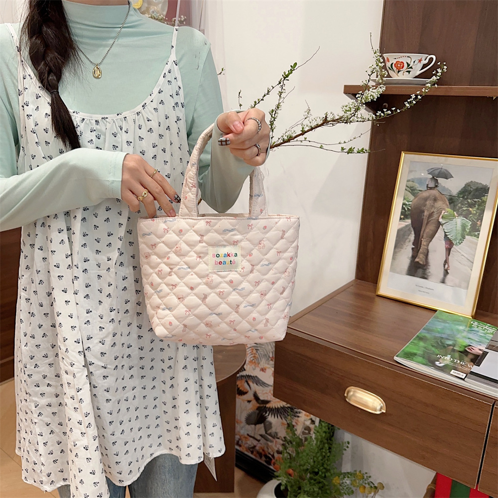 4361 ins quilted checkered handbag, cute cartoon anime bento bag, soft hand handbag, commuting sorting bag Application Scenario