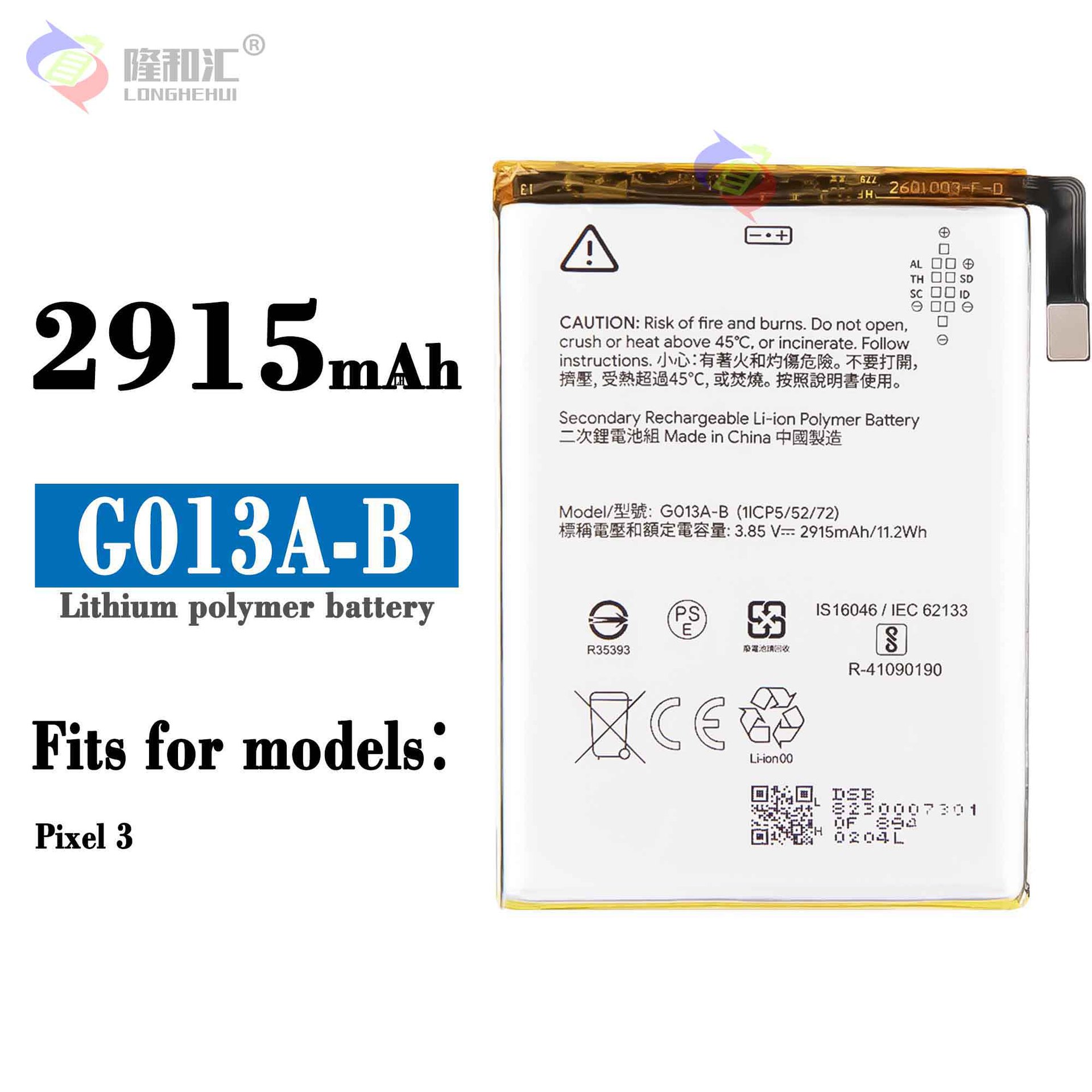 Wholesale and in-stock 2915mAh built-in charging board for Google pixel3 phone battery GO13A-B full figure