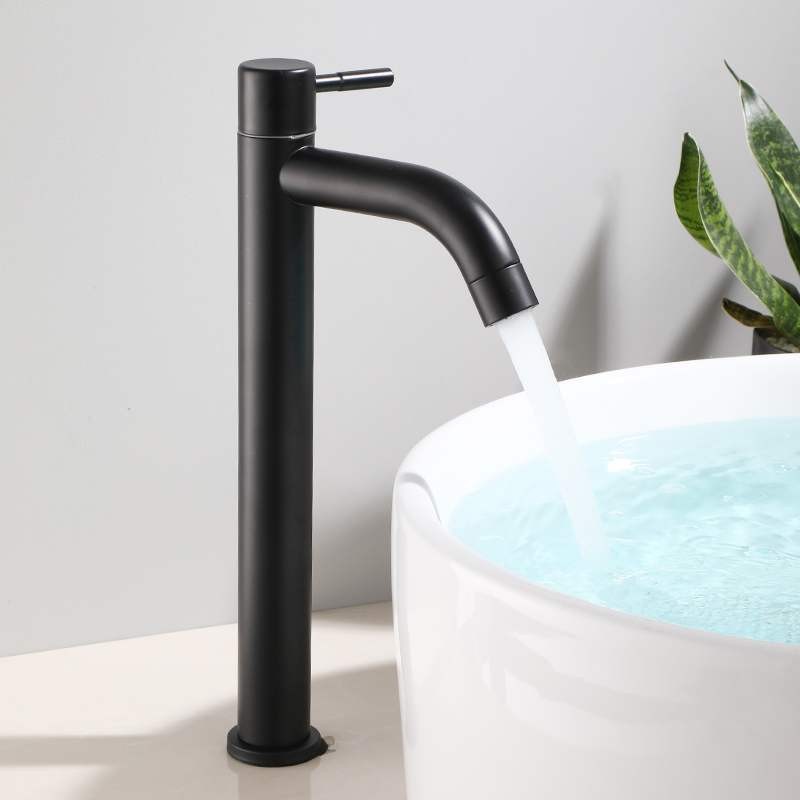 Single cold washbasin faucet, 304 stainless steel, bathroom washbasin, high single-hole top and bottom basin, black faucet full figure