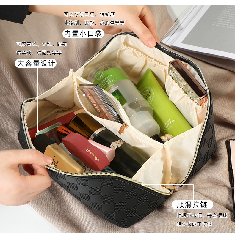 Ladies' PU leather simple checkered hand-held portable waterproof storage bag, large-capacity travel toiletries storage bag details Picture