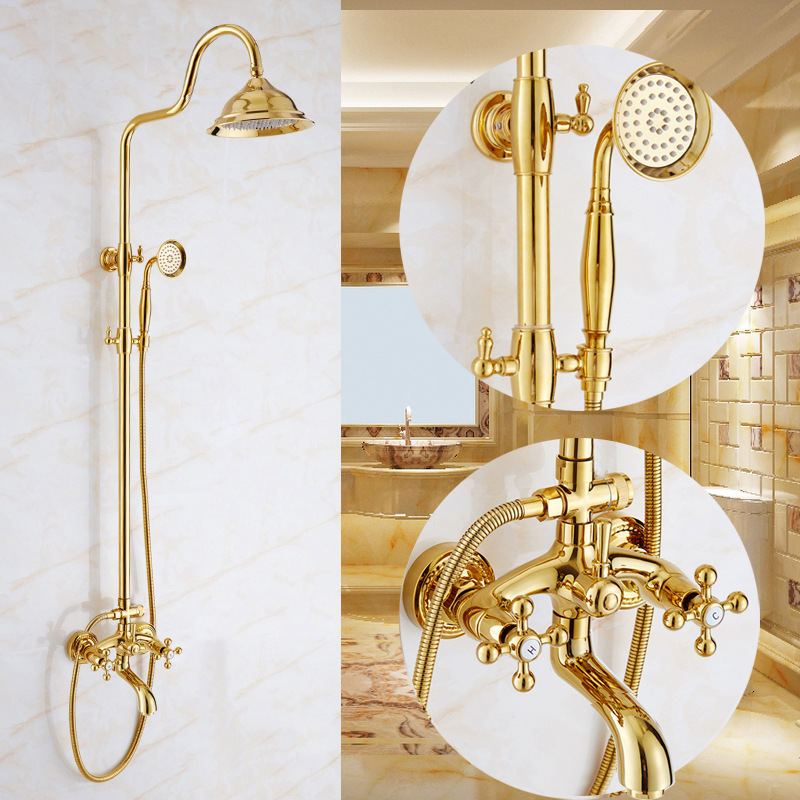 French retro full exquisite copper gold shower head set, bathroom, exposed shower head, antique home bathroom full figure
