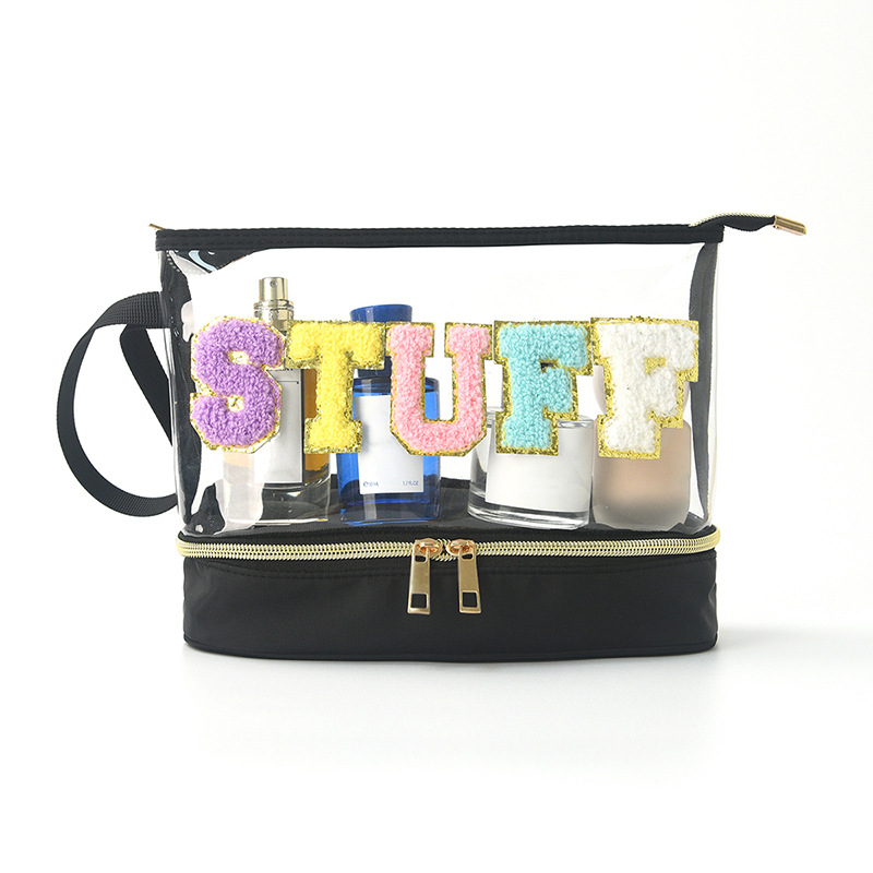 Amazon embroidery storage bag, PVC transparent double opening letter cosmetic bag, travel toiletries bag, large capacity cosmetic bag full figure
