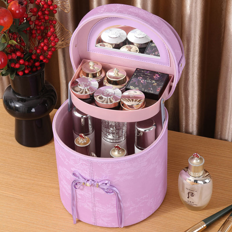 High-end Chinese-style oval bucket makeup bag with mirror, wedding souvenir suitcase, portable and festive storage box details Picture
